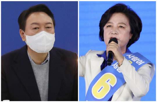 윤석열(왼쪽) 국민의힘 대선 후보와 추미애 전 법무부 장관. 연합뉴스